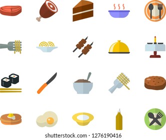 Color flat icon set cake flat vector, knives, dish, table setting, chop, pancakes, spaghetti on a fork, soup, porridge, ham, shashlik, cutlet, fish rolls, scrambled eggs, mustard