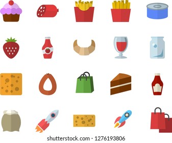 Color flat icon set cake flat vector, flour, ketchup, croissant, sausage, cheese, canned food, French fries, wine, Strawberry, glass bottles, rocket, bags