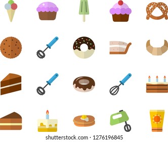 Color flat icon set cake flat vector, whisk, mixer, biscuit, pancakes, bagel, croissant, cupcake, piece of, donut, ice cream, sun protection fector