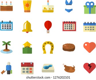 Color flat icon set cake flat vector, chicken, cutlet, horseshoe, pool, calendar, present, heart, swimsuit, balloon fector, luggage, hand, sun protection cream, island, bell