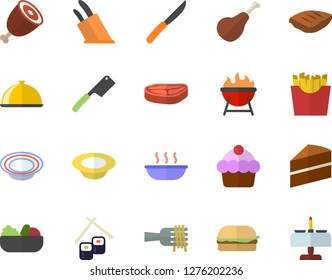 Color flat icon set cake flat vector, knives, barbecue, dish, chop, ham, spaghetti on a fork, hamburger, salad, soup, French fries, fish rolls, romantic dinner fector
