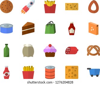Color flat icon set cake flat vector, flour, groats, ketchup, biscuit, bagel, sausage, cheese, canned food, French fries, glass bottles, rocket, bags, grocery trolley fector