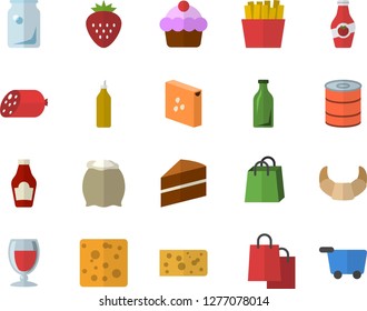 Color flat icon set cake flat vector, flour, groats, ketchup, croissant, sausage, cheese, canned food, French fries, wine, Strawberry, mustard, glass bottles, bags, grocery trolley fector