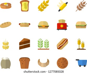 Color flat icon set cake flat vector, rolling pin, toaster, flour, ear, biscuit, pancakes, croissant, bread, hamburger, hot dog, sandwich, grocery trolley fector