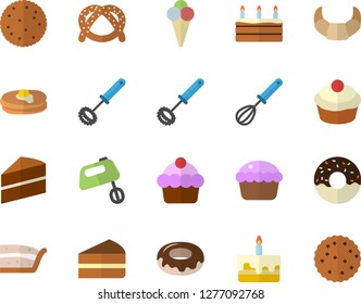 Color flat icon set cake flat vector, whisk, mixer, biscuit, pancakes, bagel, croissant, cupcake, piece of, donut, ice cream
