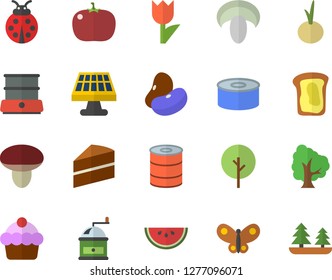 Color flat icon set cake flat vector, coffee grinder, double boiler, legumes, canned food, watermelon, mushroom, onion, tomato, sandwich, tree, ladybird, tulip, butterflies, solar battery, forest