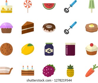 Color flat icon set cake flat vector, whisk, lemon, biscuit, watermelon, cupcake, piece of, donut, lollipop, ice cream, jam, blackberry, pineapple, pancakes, carrot