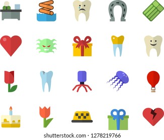 Color flat icon set cake flat vector, horseshoe, tulip, present, heart, virus, tooth, caries, dental crowns, office worker, balloon fector, aquapark, inflatable mattress, taxi, jellyfish