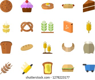 Color flat icon set cake flat vector, rolling pin, flour, groats, ear, biscuit, pancakes, bagel, croissant, bread, hamburger, hot dog, sandwich, grocery trolley fector