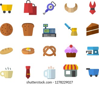 Color flat icon set cake flat vector, spring balance, turk, coffee machine, biscuit, pancakes, bagel, croissant, bread, store front, grocery trolley, bags, cash, tie, swimsuit, fector