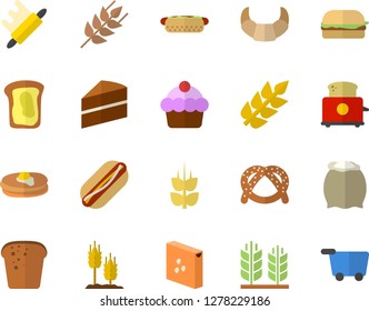 Color flat icon set cake flat vector, rolling pin, toaster, flour, groats, ear, pancakes, bagel, croissant, bread, hamburger, hot dog, sandwich, grocery trolley fector