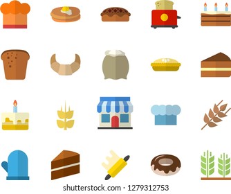 Color flat icon set cake flat vector, cook hat, potholder, rolling pin, toaster, flour, ear, pancakes, croissant, bread, piece of, donut, pie, store front