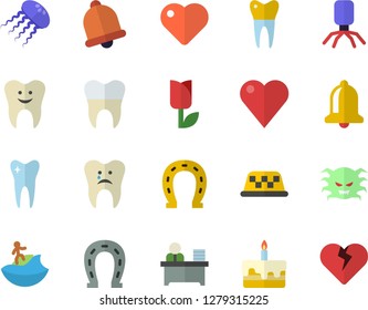 Color flat icon set cake flat vector, horseshoe, tulip, heart, virus, tooth, caries, dental crowns, office worker, surfing fector, taxi, jellyfish, bell
