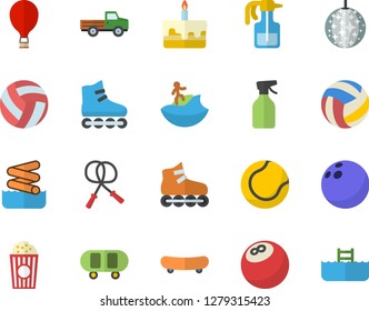 Color flat icon set cake flat vector, popcorn, pickup truck, pulverizer, bowling ball, skateboard, volleyball, skipping rope, tennis, roller Skates, balloon fector, disco, surfing, aquapark, pool
