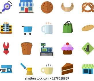 Color flat icon set cake flat vector, spring balance, turk, coffee machine, biscuit, bagel, croissant, bread, store front, grocery trolley, bags, cash, swimsuit, hotel fector, pets allowed, shop