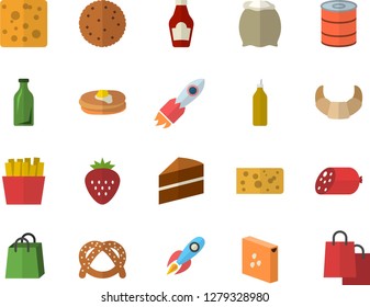 Color flat icon set cake flat vector, flour, groats, ketchup, biscuit, pancakes, bagel, croissant, sausage, cheese, canned food, French fries, Strawberry, mustard, glass bottles, rocket, bags