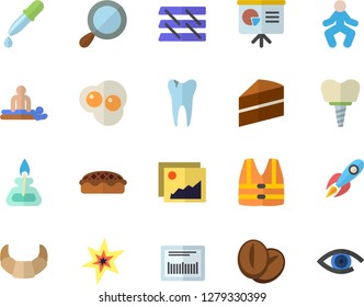 Color flat icon set cake flat vector, croissant, pie, coffee beans, scrambled eggs, rocket, barcode, pipette, massage, caries, implant, paper tray, gas burner, spark, presentaition board, gymnastics