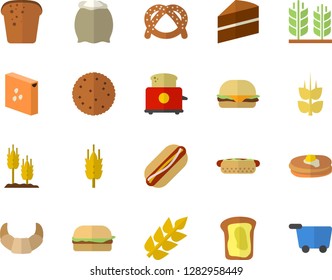 Color flat icon set cake flat vector, toaster, flour, groats, biscuit, pancakes, bagel, croissant, bread, hamburger, hot dog, sandwich, ear, grocery trolley fector