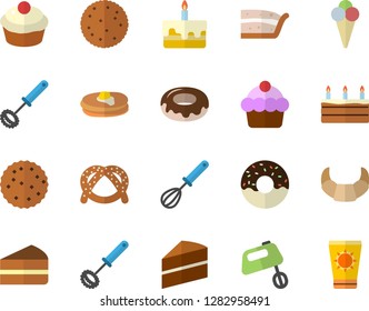 Color flat icon set cake flat vector, whisk, mixer, biscuit, pancakes, bagel, croissant, cupcake, piece of, donut, ice cream, sun protection fector