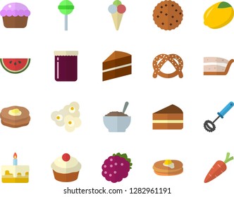 Color flat icon set cake flat vector, whisk, lemon, pancakes, bagel, watermelon, cupcake, piece of, porridge, lollipop, popcorn, ice cream, jam, blackberry, biscuit, carrot