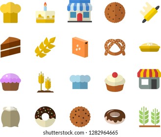 Color flat icon set cake flat vector, cook hat, rolling pin, flour, groats, biscuit, bagel, cupcake, donut, pie, ear, store front