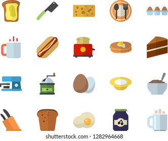 Color flat icon set cake flat vector, knives, coffee grinder, toaster, machine, egg, table setting, pancakes, cheese, bread, hot dog, dish, porridge, tea, scrambled eggs, jam, sandwich