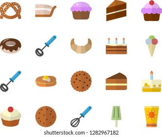 Color flat icon set cake flat vector, whisk, biscuit, pancakes, bagel, croissant, cupcake, piece of, donut, ice cream, sun protection fector