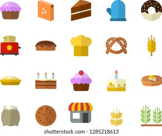 Color flat icon set cake flat vector, cook hat, potholder, toaster, flour, groats, biscuit, pancakes, bagel, cupcake, donut, pie, ear, store front