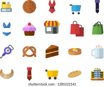 Color flat icon set cake flat vector, spring balance, biscuit, pancakes, bagel, croissant, bread, store front, grocery trolley, bags, cash machine, coffee, tie, swimsuit, hotel fector