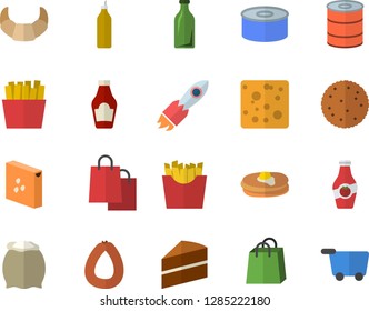 Color flat icon set cake flat vector, flour, groats, ketchup, biscuit, pancakes, croissant, sausage, cheese, canned food, French fries, mustard, glass bottles, rocket, bags, grocery trolley fector