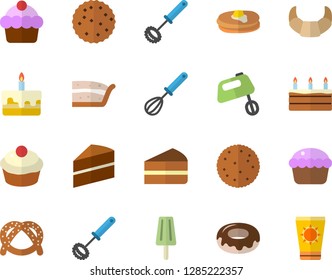 Color flat icon set cake flat vector, whisk, mixer, biscuit, pancakes, bagel, croissant, cupcake, piece of, donut, ice cream, sun protection fector