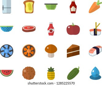 Color flat icon set cake flat vector, colander, fridge, ketchup, carrot, watermelon, mushroom, chop, cutlet, tomato, cucumber, sashimi, pineapple, sandwich, ventilation, drop