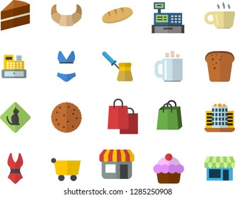 Color flat icon set cake flat vector, turk, biscuit, croissant, bread, store front, grocery trolley, bags, cash machine, coffee, swimsuit, hotel fector, pets allowed, shop