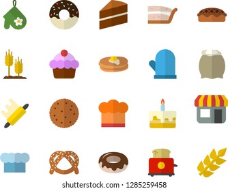Color flat icon set cake flat vector, cook hat, potholder, rolling pin, toaster, flour, biscuit, pancakes, bagel, piece of, donut, pie, ear, store front