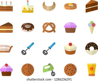 Color flat icon set cake flat vector, whisk, mixer, biscuit, pancakes, bagel, croissant, cupcake, piece of, donut, ice cream, sun protection fector