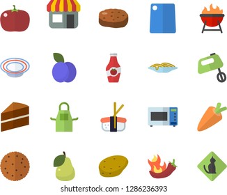 Color flat icon set cake flat vector, apron, cutting board, microwave, mixer, barbecue, potato, carrot, biscuit, spaghetti, dish, cutlet, hot peppers, tomato, sashimi, plum, pear, ketchup