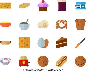 Color flat icon set cake flat vector, knives, toaster, coffee machine, biscuit, bagel, cheese, egg, bread, hot dog, dish, porridge, scrambled eggs, jam