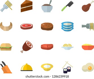 Color flat icon set cake flat vector, knives, dish, plates, chop, ham, croissant, spaghetti on a fork, hamburger, porridge, cutlet, fish rolls, scrambled eggs