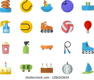 Color flat icon set cake flat vector, popcorn, pulverizer, bowling ball, skateboard, volleyball, skipping rope, tennis, roller Skates, balloon fector, disco, surfing, aquapark, pool, windsurfing