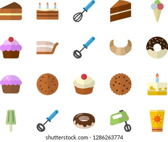 Color flat icon set cake flat vector, whisk, mixer, biscuit, croissant, cupcake, piece of, donut, ice cream, sun protection fector