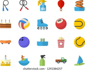 Color flat icon set cake flat vector, popcorn, pickup truck, pulverizer, bowling ball, skateboard, volleyball, skipping rope, tennis, roller Skates, balloon fector, surfing, aquapark, pool