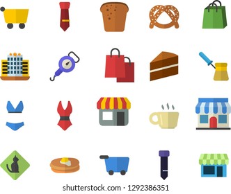 Color flat icon set cake flat vector, spring balance, turk, pancakes, bagel, bread, store front, grocery trolley, bags, coffee, tie, swimsuit, hotel fector, pets allowed, shop