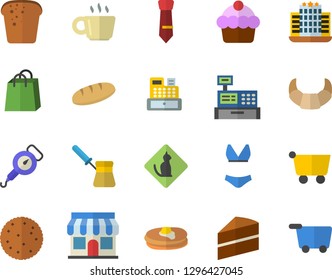 Color flat icon set cake flat vector, spring balance, turk, biscuit, pancakes, croissant, bread, store front, grocery trolley, bags, cash machine, coffee, tie, swimsuit, hotel fector, pets allowed