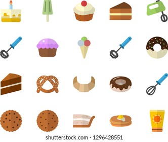 Color flat icon set cake flat vector, whisk, mixer, biscuit, pancakes, bagel, croissant, cupcake, piece of, donut, ice cream, sun protection fector