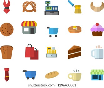 Color flat icon set cake flat vector, turk, biscuit, pancakes, bagel, croissant, bread, store front, grocery trolley, bags, cash machine, coffee, tie, swimsuit, fector, shop