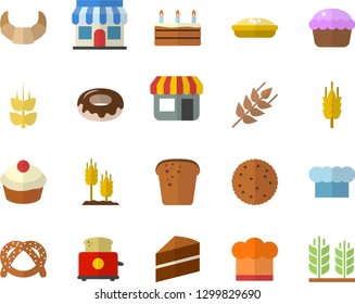 Color flat icon set cake flat vector, cook hat, toaster, ear, biscuit, bagel, croissant, bread, cupcake, donut, pie, store front