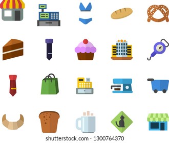 Color flat icon set cake flat vector, spring balance, coffee machine, bagel, croissant, bread, store front, bags, cash, tie, swimsuit, hotel fector, pets allowed, grocery trolley, shop