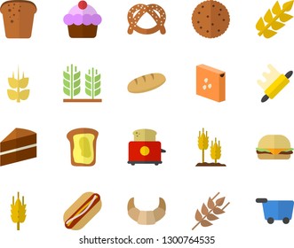 Color flat icon set cake flat vector, rolling pin, toaster, groats, ear, biscuit, bagel, croissant, bread, hamburger, hot dog, sandwich, grocery trolley fector