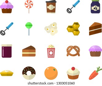 Color flat icon set cake flat vector, whisk, bagel, cupcake, piece of, donut, pie, lollipop, popcorn, coffe, jam, honeycomb, orange, carrot