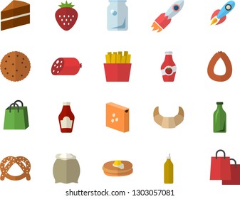 Color flat icon set cake flat vector, flour, groats, ketchup, biscuit, pancakes, bagel, croissant, sausage, French fries, Strawberry, mustard, glass bottles, rocket, bags